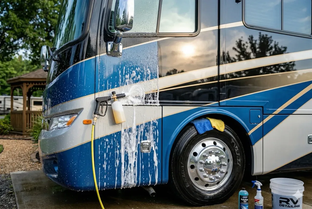 Motorhome washed during a full RV detail